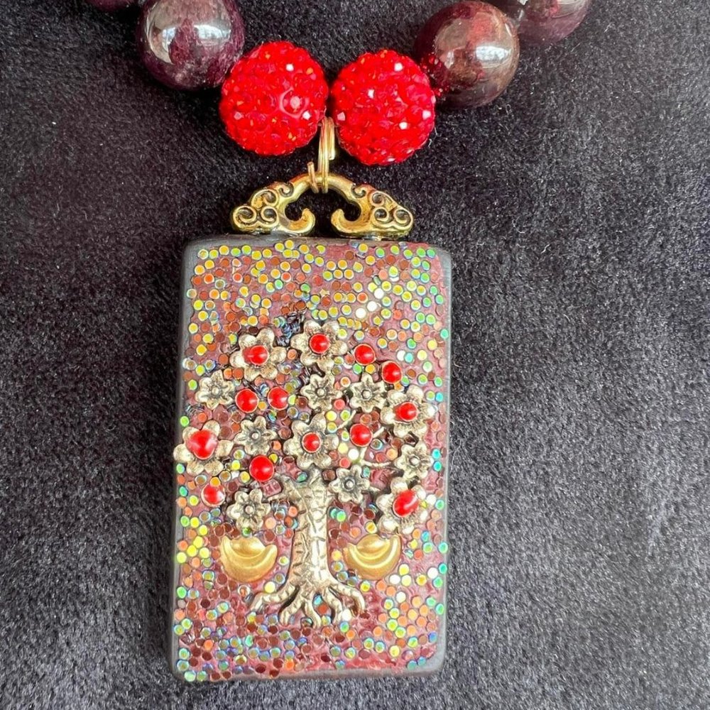 Tree of Life Pendant Necklace with Large Natural Garnet Beads